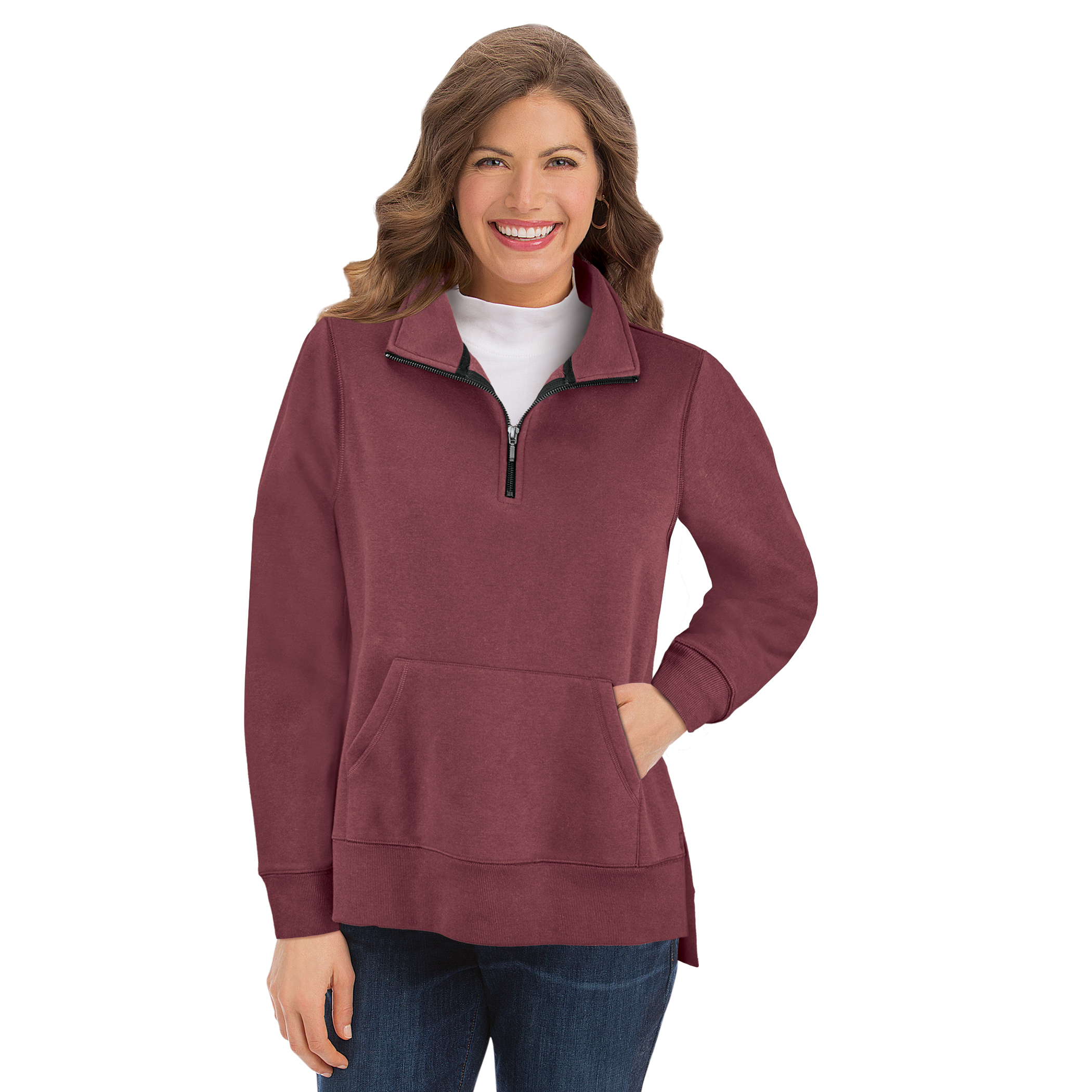 Ladies Cozy Quarter-Zip High-Low Hem Pullover X-Large Wine