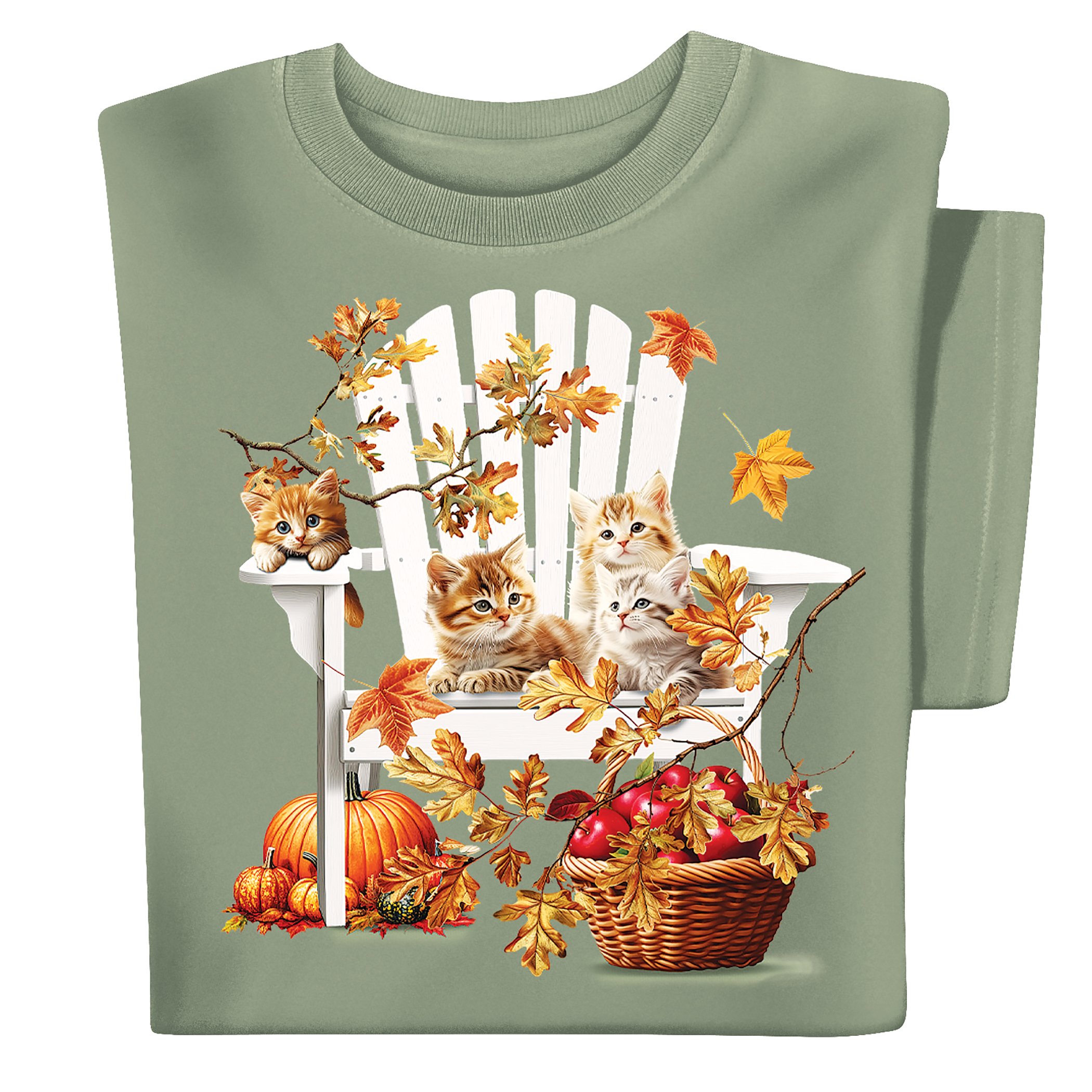 Fall Kittens on a Chair Short Sleeve Graphic T-Shirt Medium Gender Neutral Sage
