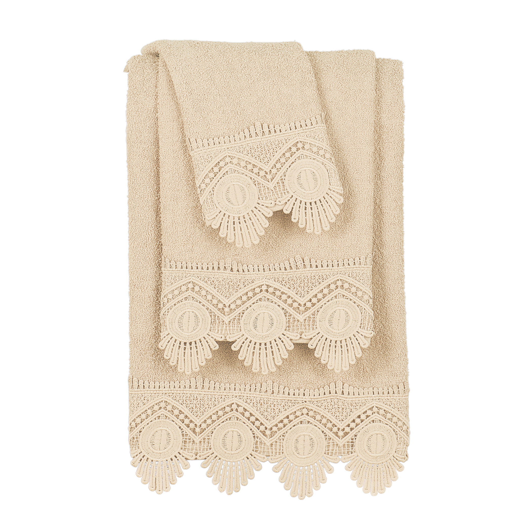 3-Piece Crochet Lace Border Bath Towel Set Beige