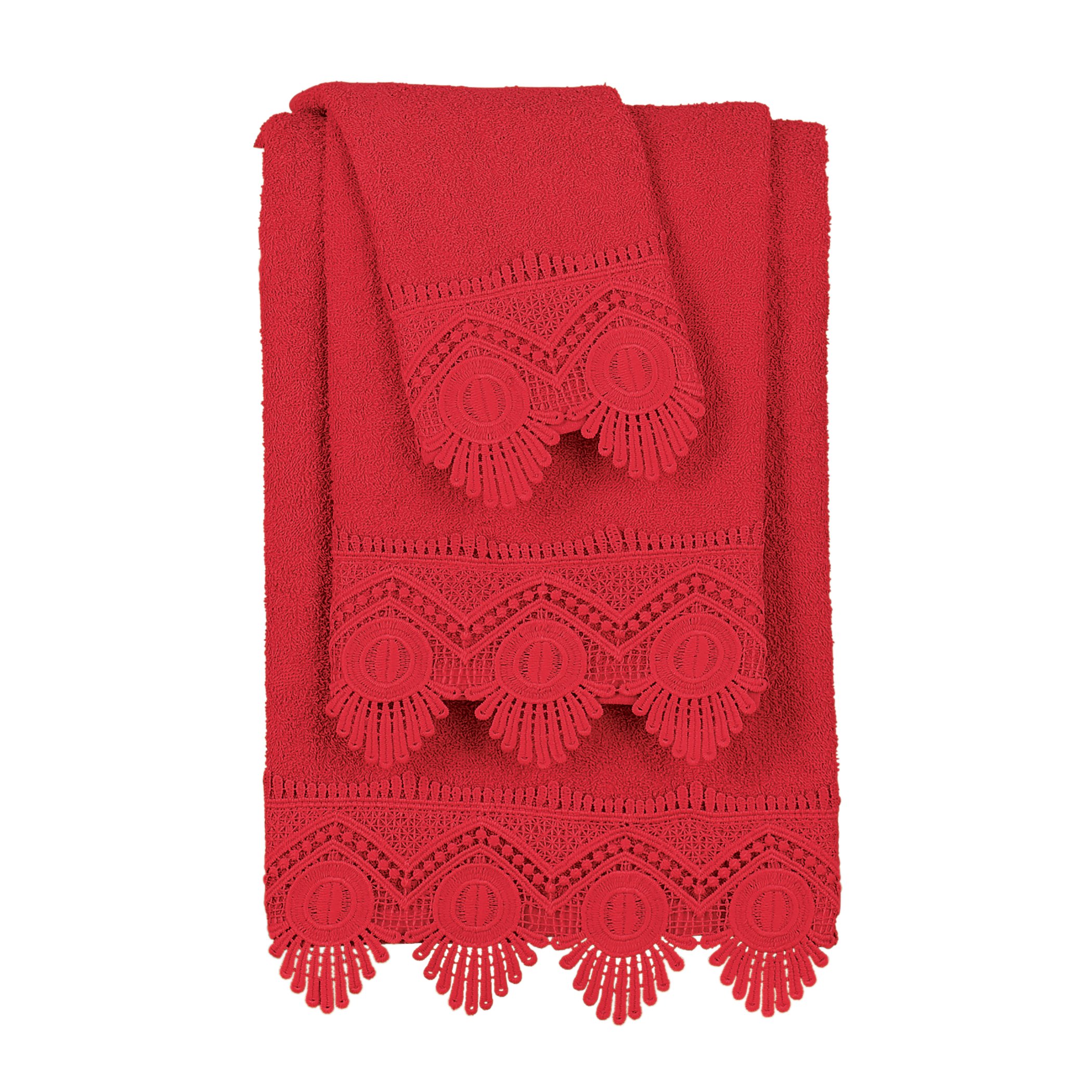 3-Piece Crochet Lace Border Bath Towel Set Red