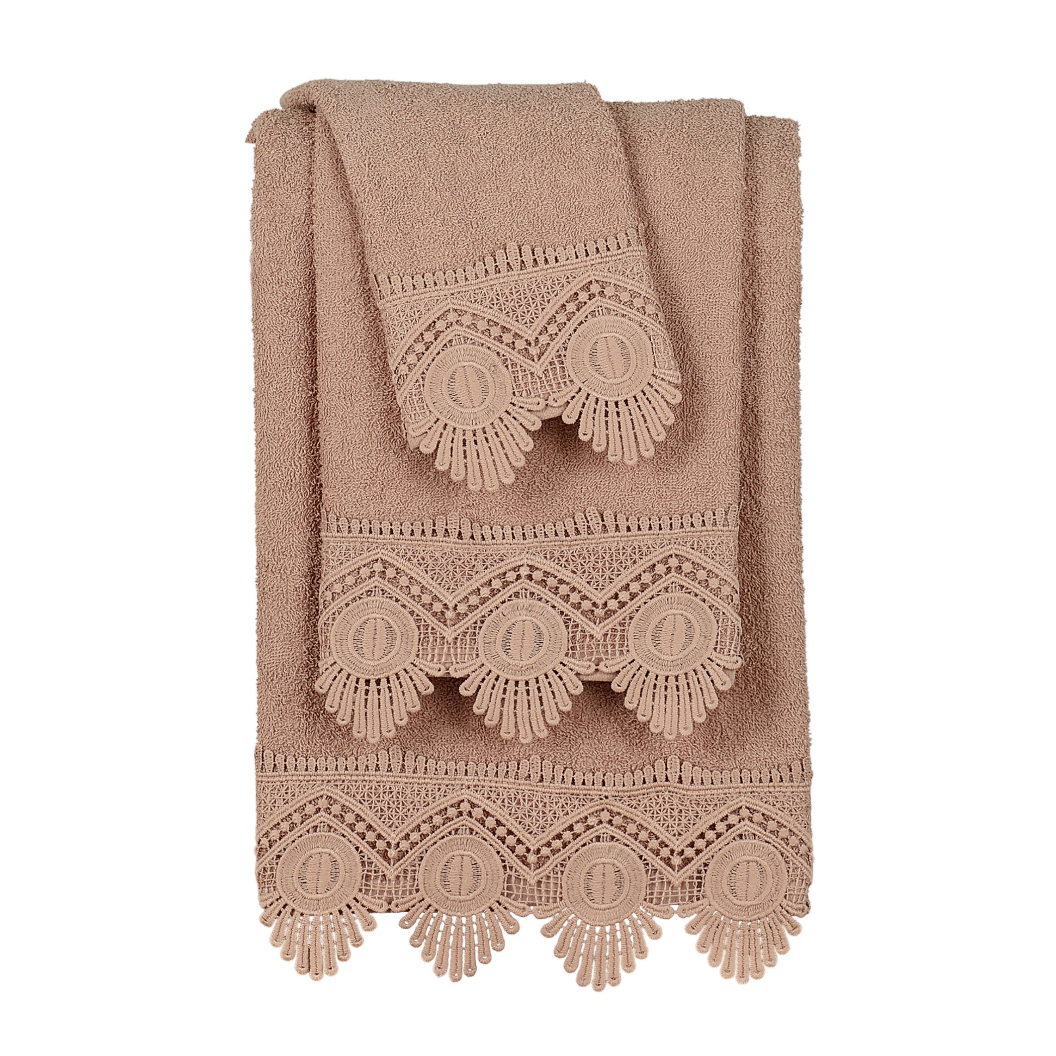 3-Piece Crochet Lace Border Bath Towel Set Taupe