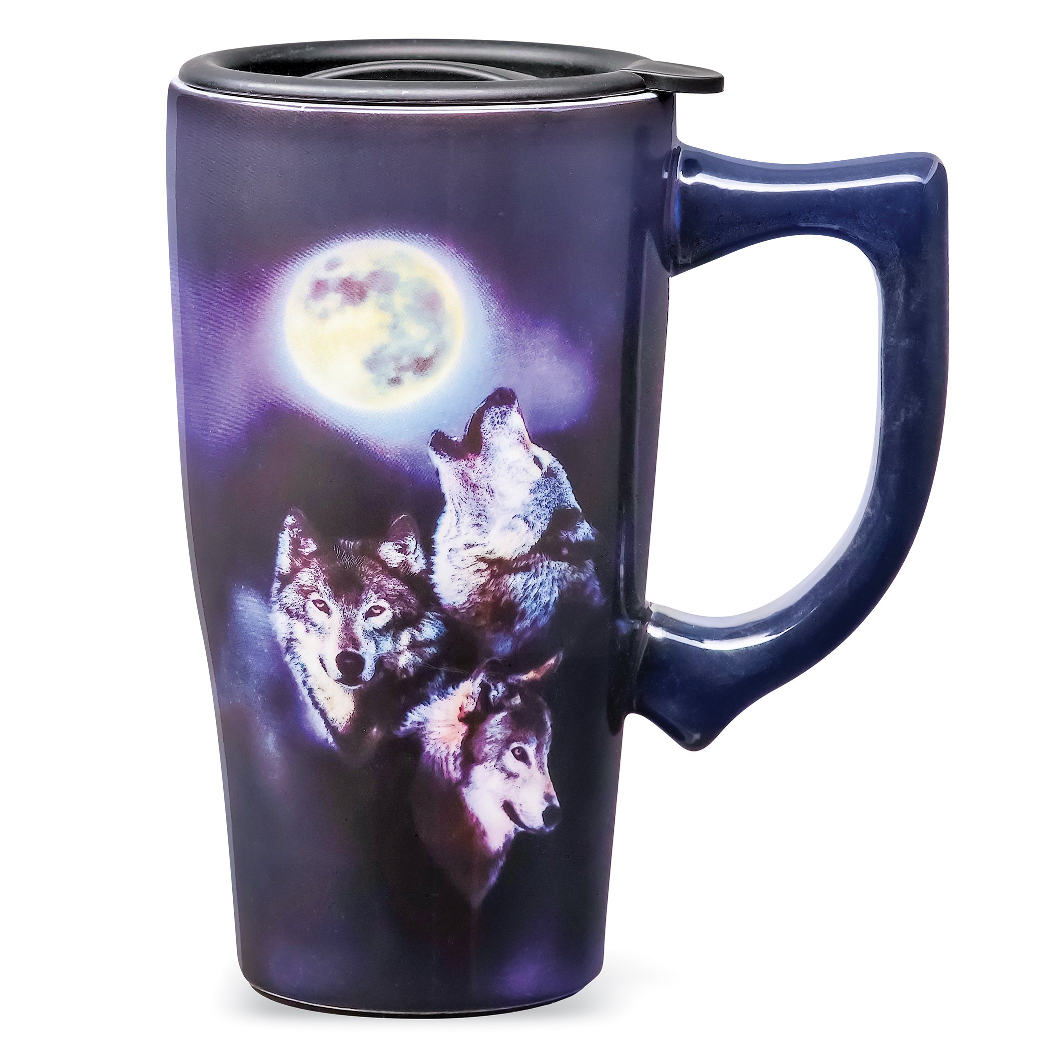 Full Moon Wolves Double-Walled Ceramic Travel Mug with Locking Lid