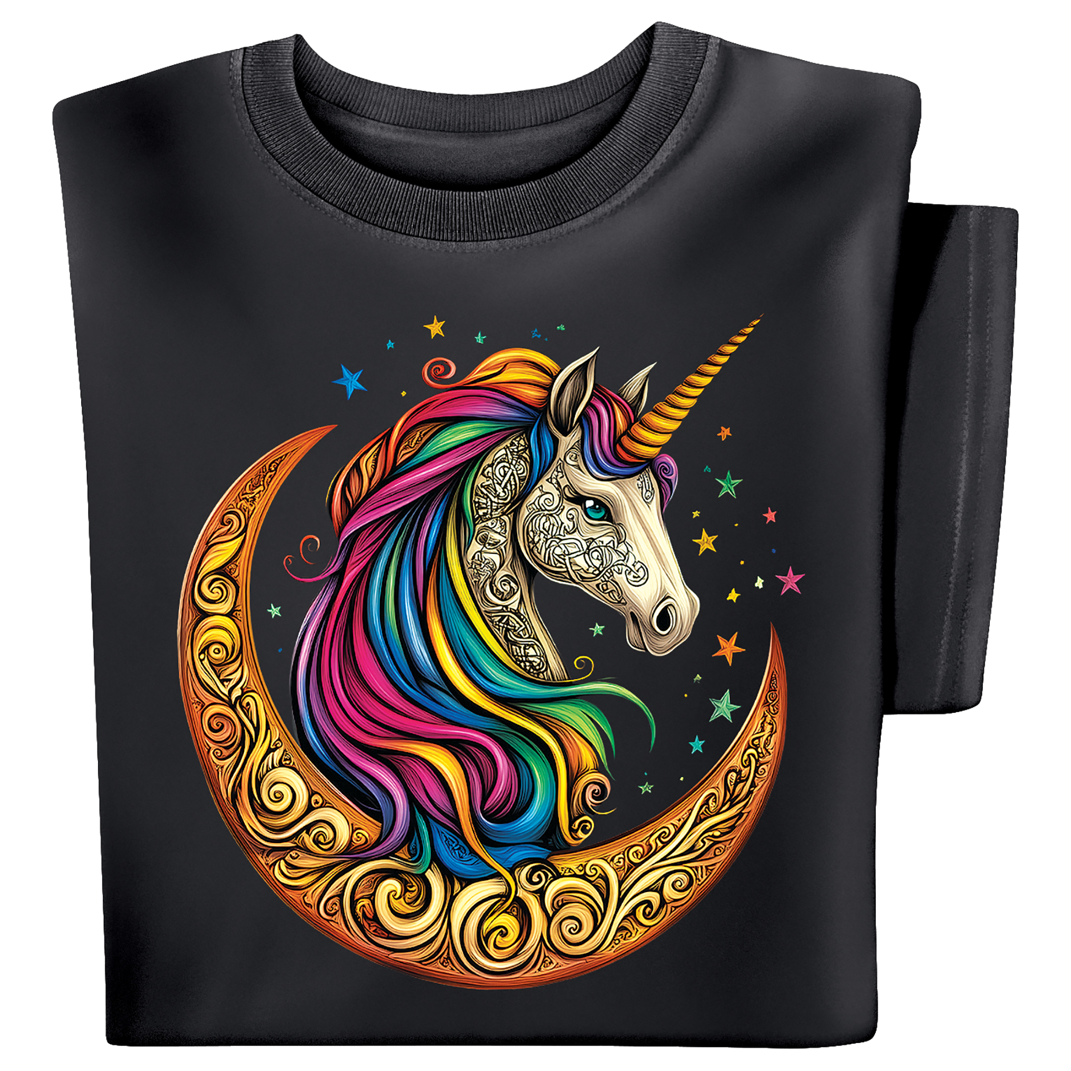 Striking Celtic Moon Unicorn Short Sleeve Graphic T-Shirt Medium Gender Neutral Black