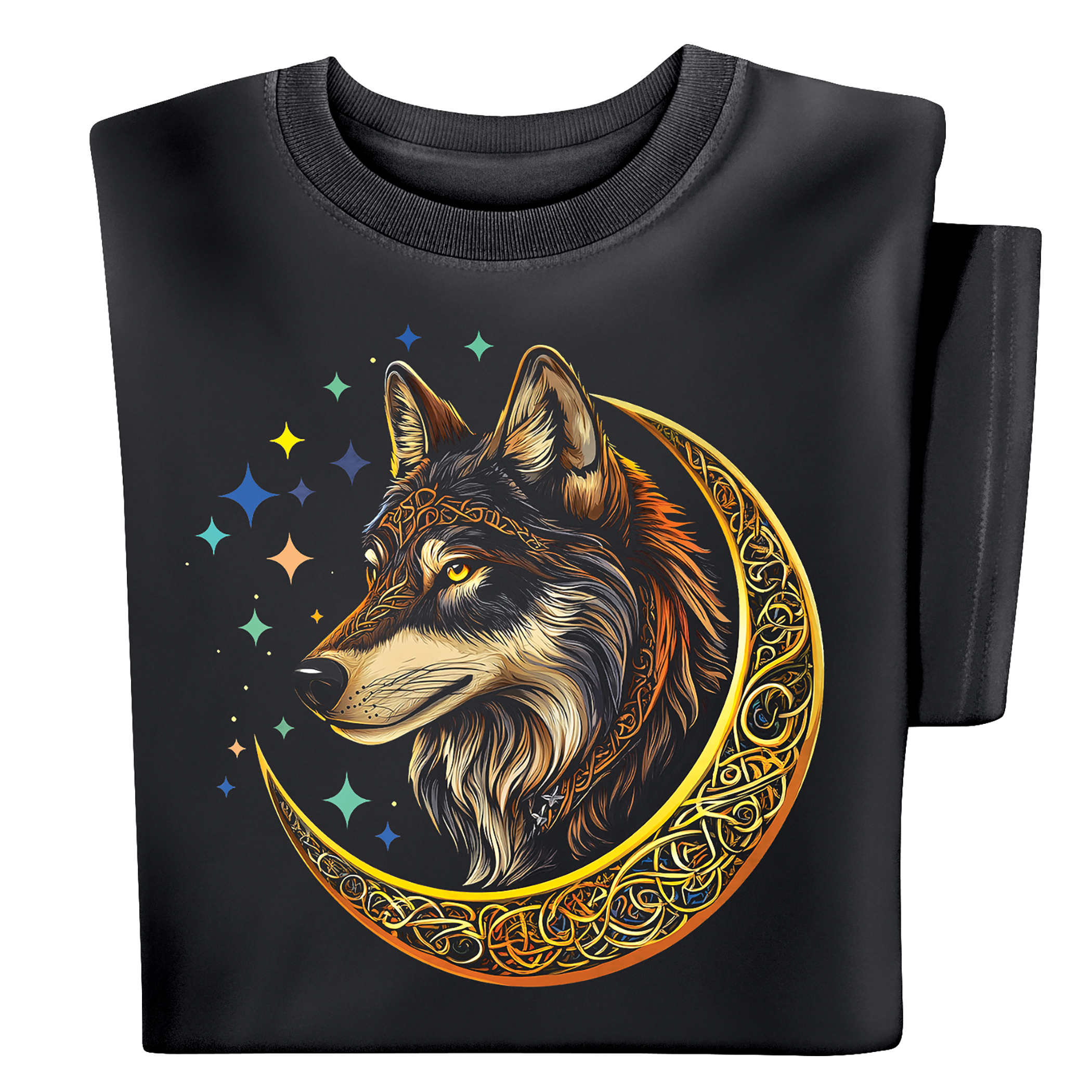 Celtic Wolf Crescent Moon Short Sleeve Graphic T-Shirt Medium Gender Neutral Wolf Black