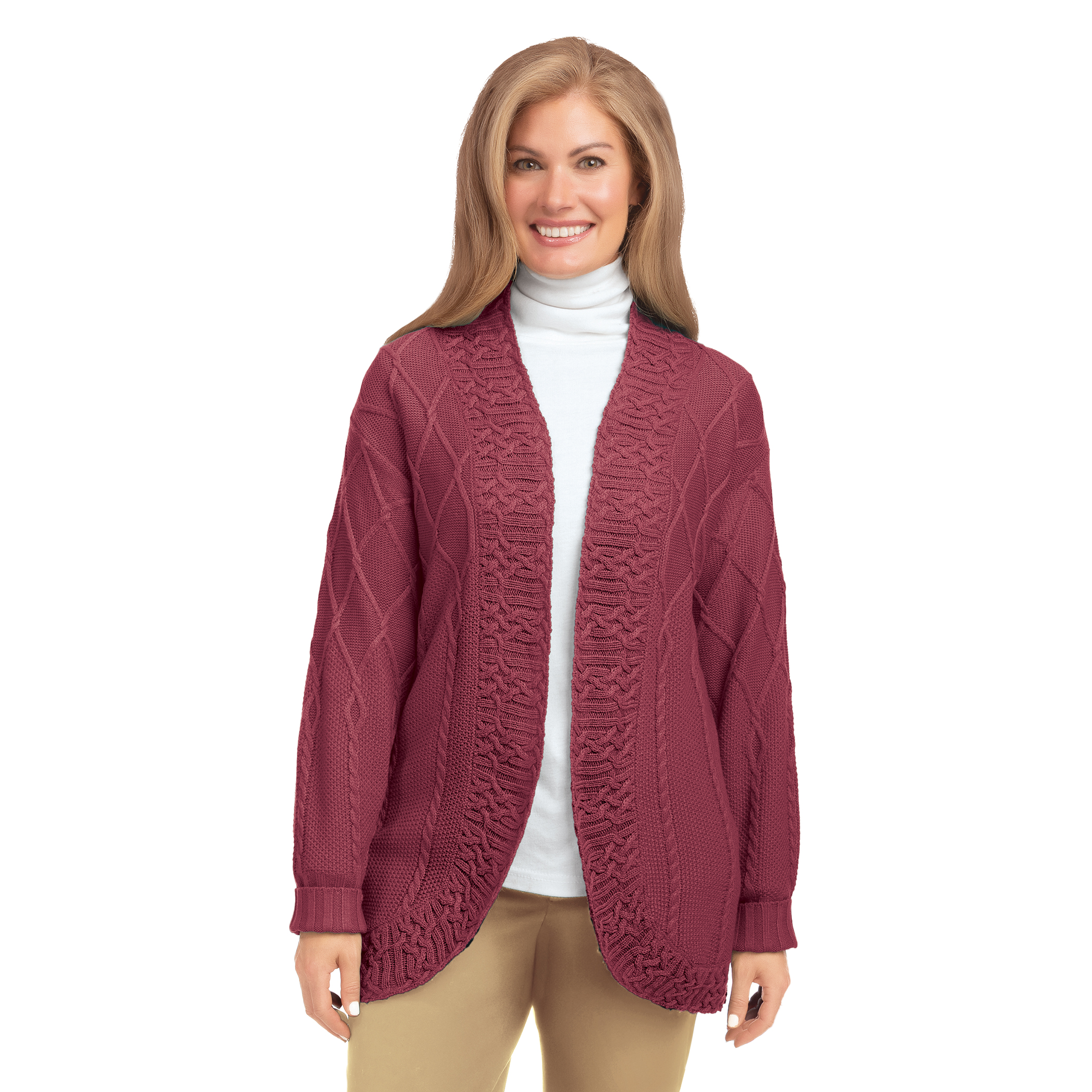 Cozy Mixed Cable Knit Cardigan Sweater XX-Large Women Solid Burgundy