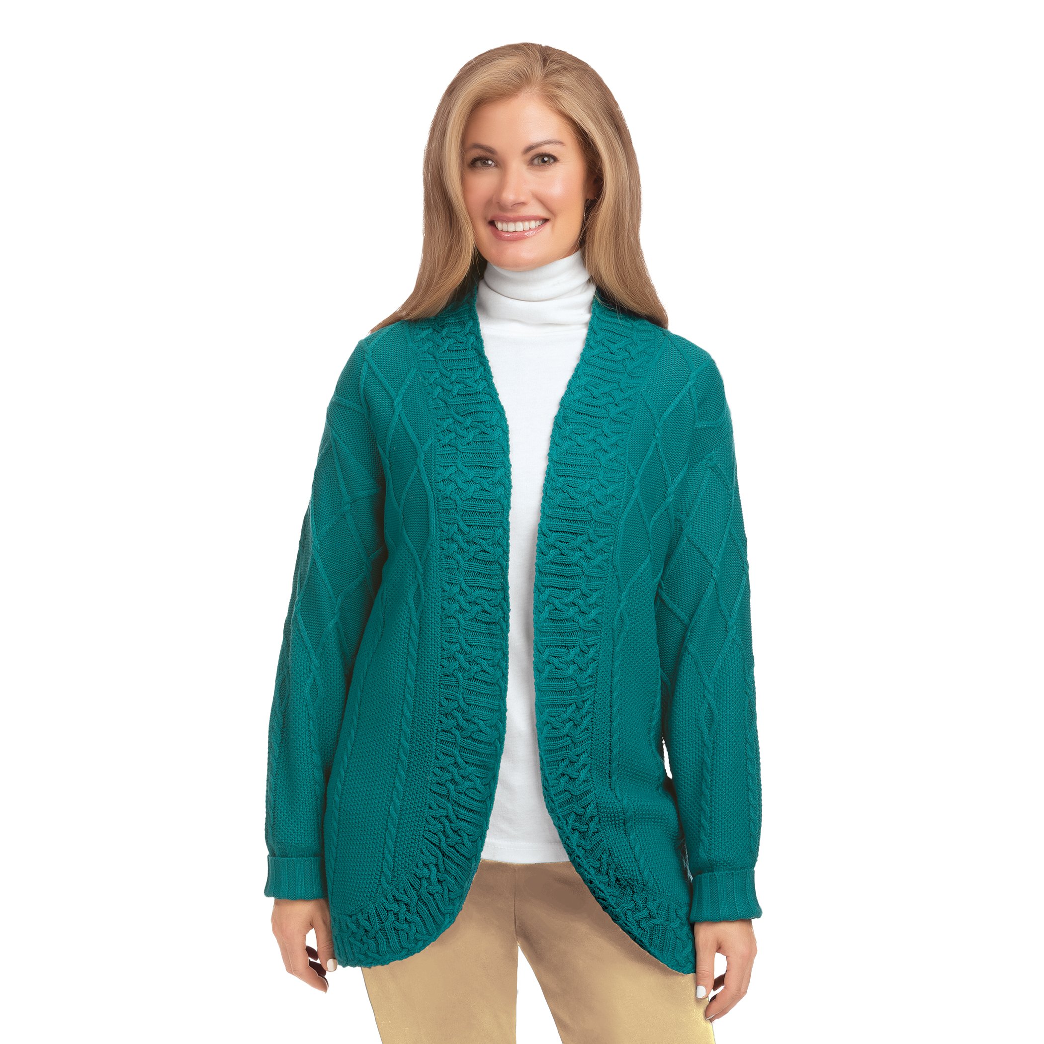 Cozy Mixed Cable Knit Cardigan Sweater Medium Women Solid Teal