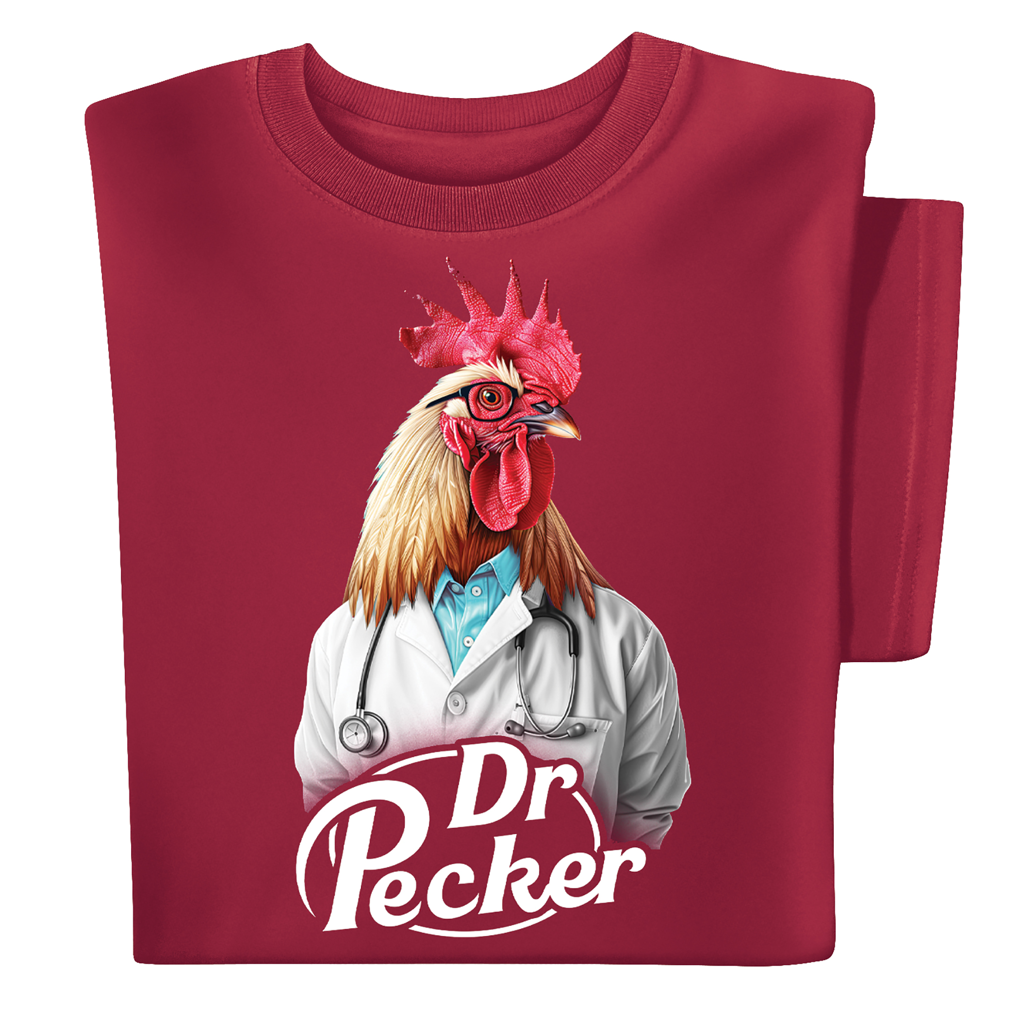 Dr. Pecker Rooster Novelty Short Sleeve Graphic Tee Medium Maroon