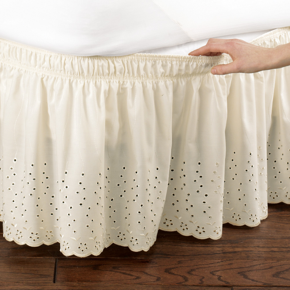 Eyelet Floral Scalloped Elastic Dust Ruffle Bed Skirt, Wrap-Around Easy Fit Design, Ivory, Twin/Full