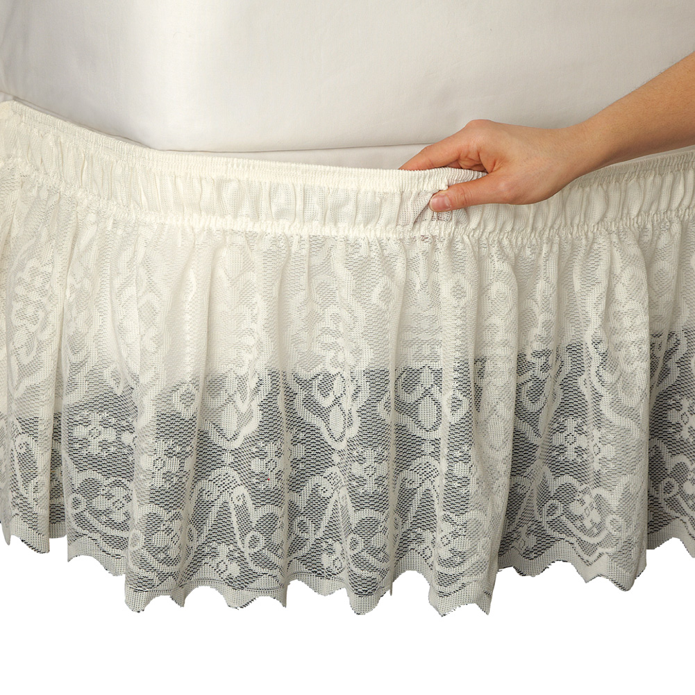 Lace Trimmed Elastic Bed Wrap, Easy Fit Dust Ruffle Bedskirt, Ivory, Twin/Full
