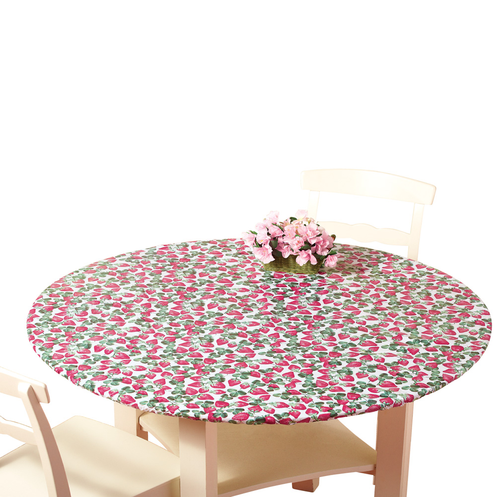 Patterned Fitted Table Cover with Soft Flannel Backing and Durable Wipe-Clean Vinyl Construction, Strawberries, Oval, 68" Oval
