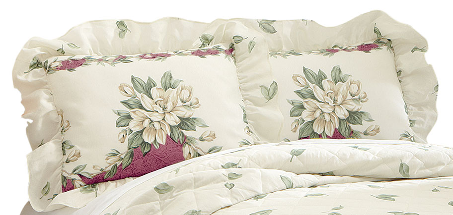Magnolia Garden Floral Ruffle Pillow Sham, Burgundy, Sham