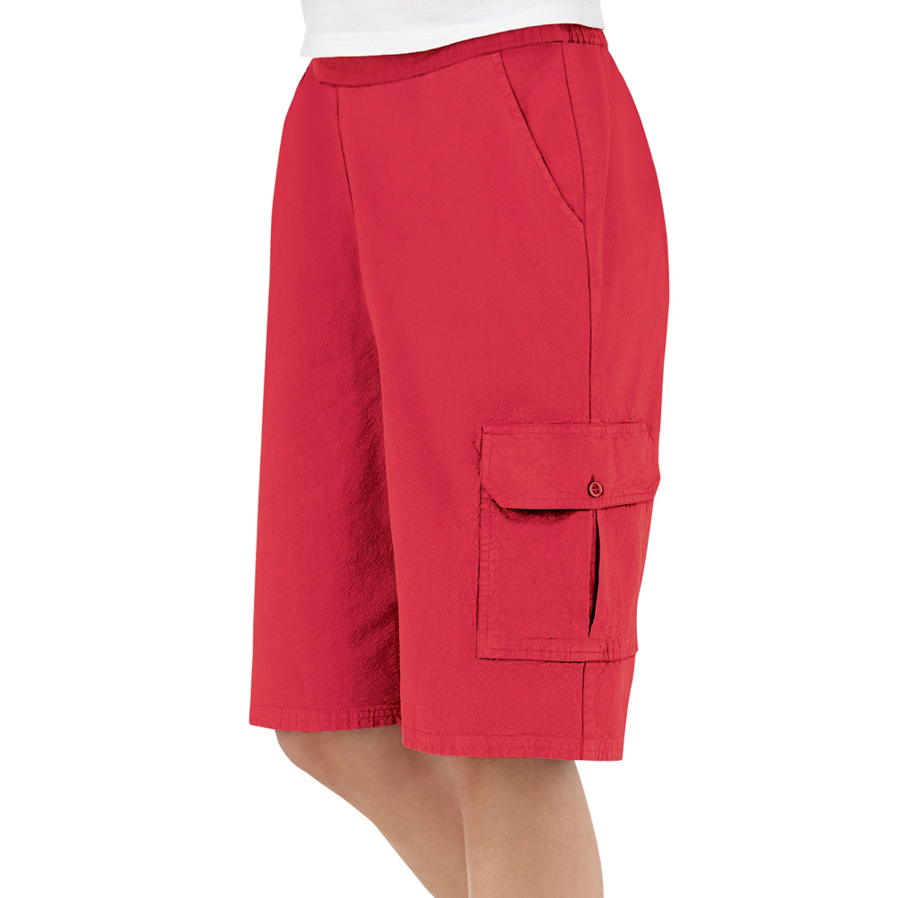 Women's Elastic Waist Cargo Pocket Short, Red, Small