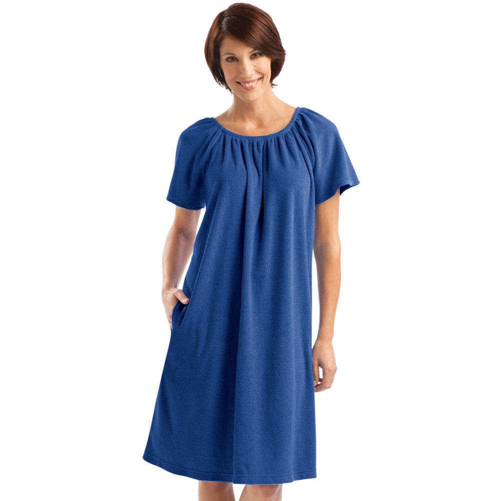Women's Solid Color Comfort Fit Short-Sleeve Terry Cotton Summer Dress with Side Pockets and Elastic Scooped Neckline, Blue, Medium