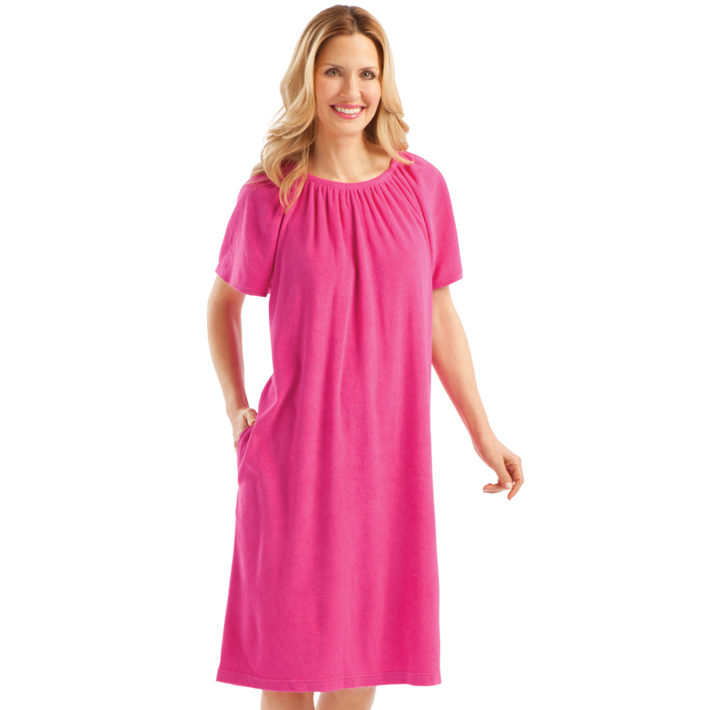 Women's Solid Color Comfort Fit Short-Sleeve Terry Cotton Summer Dress with Side Pockets and Elastic Scooped Neckline, Fuchsia, Medium