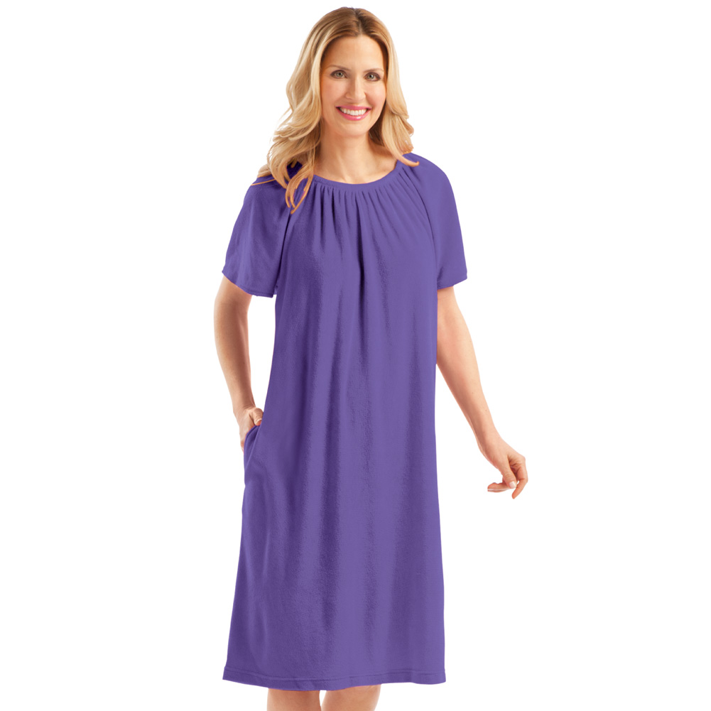 Women's Solid Color Comfort Fit Short-Sleeve Terry Cotton Summer Dress with Side Pockets and Elastic Scooped Neckline, Purple, Medium