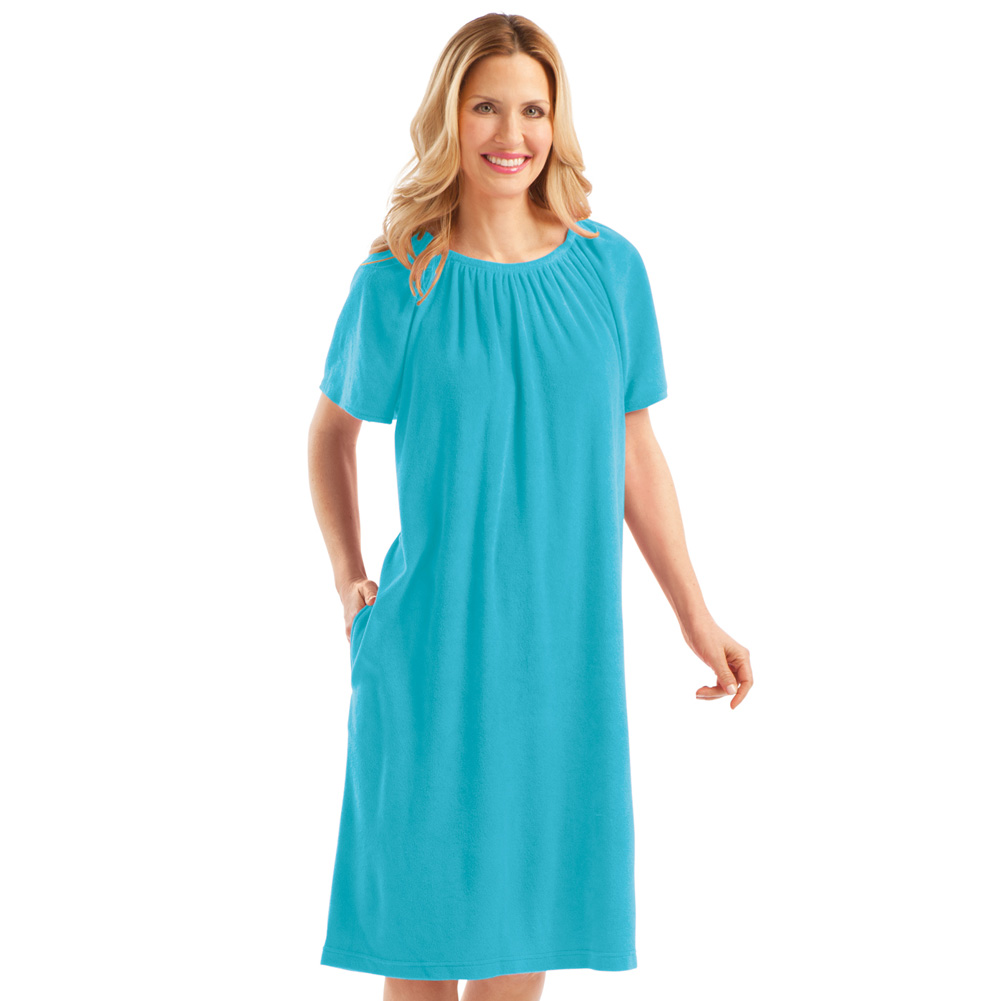 Women's Solid Color Comfort Fit Short-Sleeve Terry Cotton Summer Dress with Side Pockets and Elastic Scooped Neckline, Turquoise, X-La