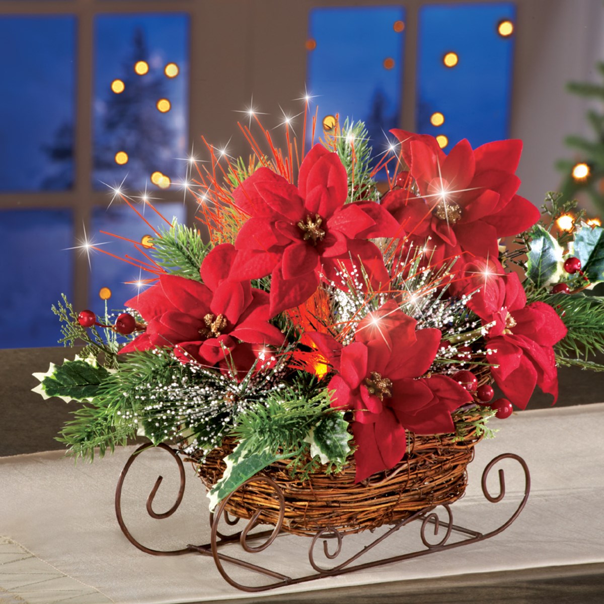 Fiber Optic Poinsettia Sleigh Centerpiece Collections Etc.