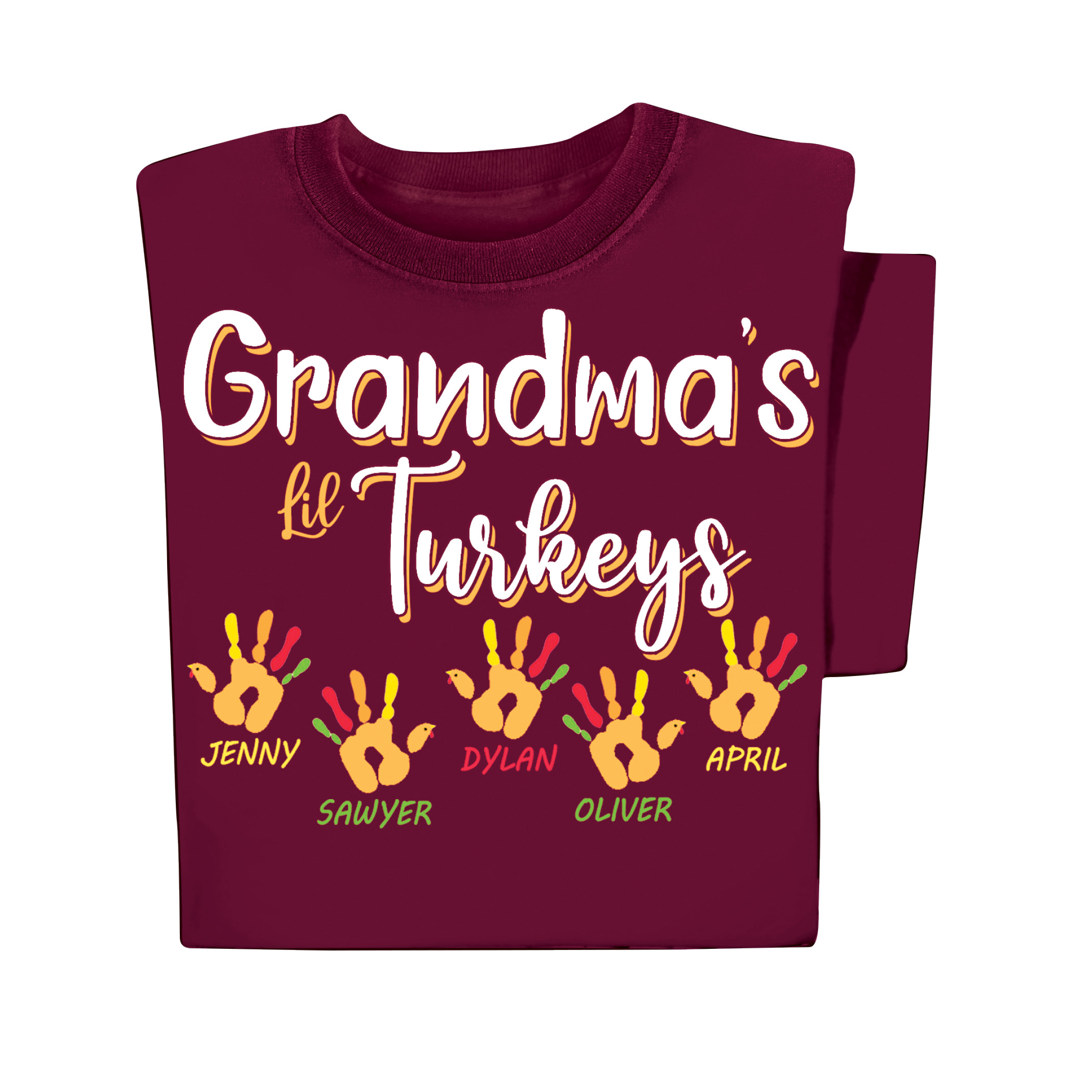 Personalized Grandma's Lil Turkeys Thanksgiving T-Shirt Large Burgundy